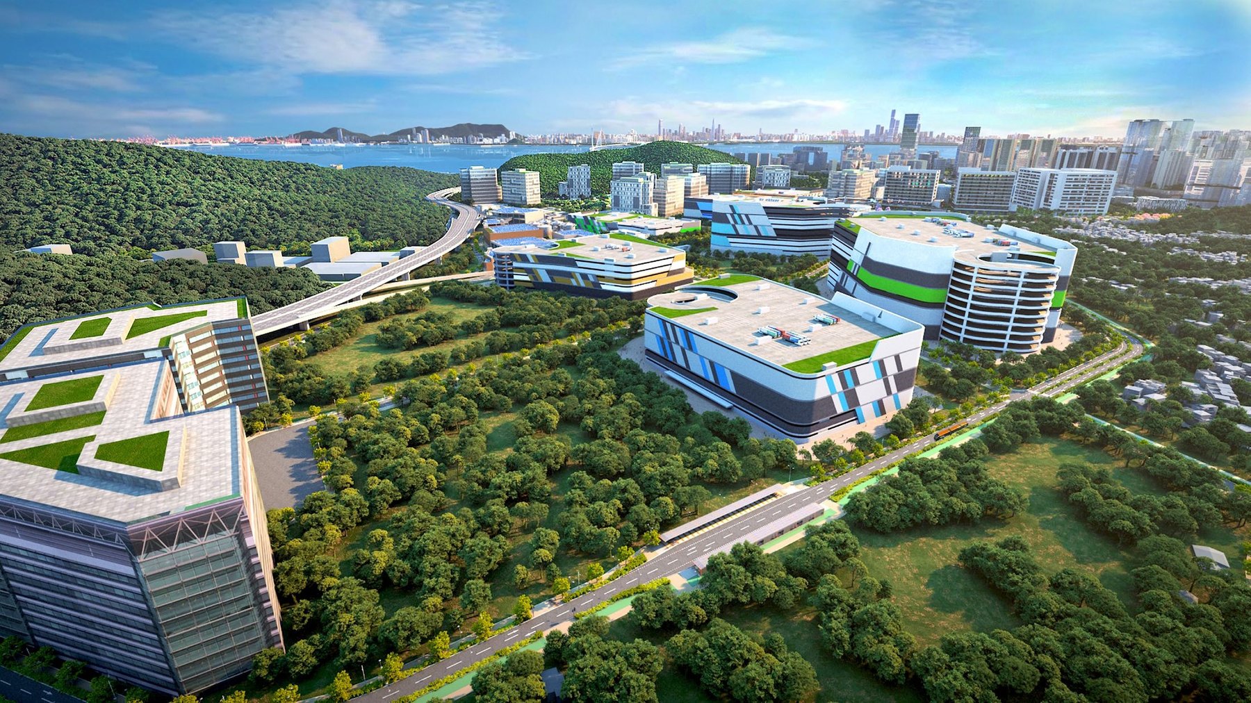 現代多層物流設施構想：高樓底、貨車可達上層、綠化屋面與跨境貨流走廊（取材自政府公開規劃資料）